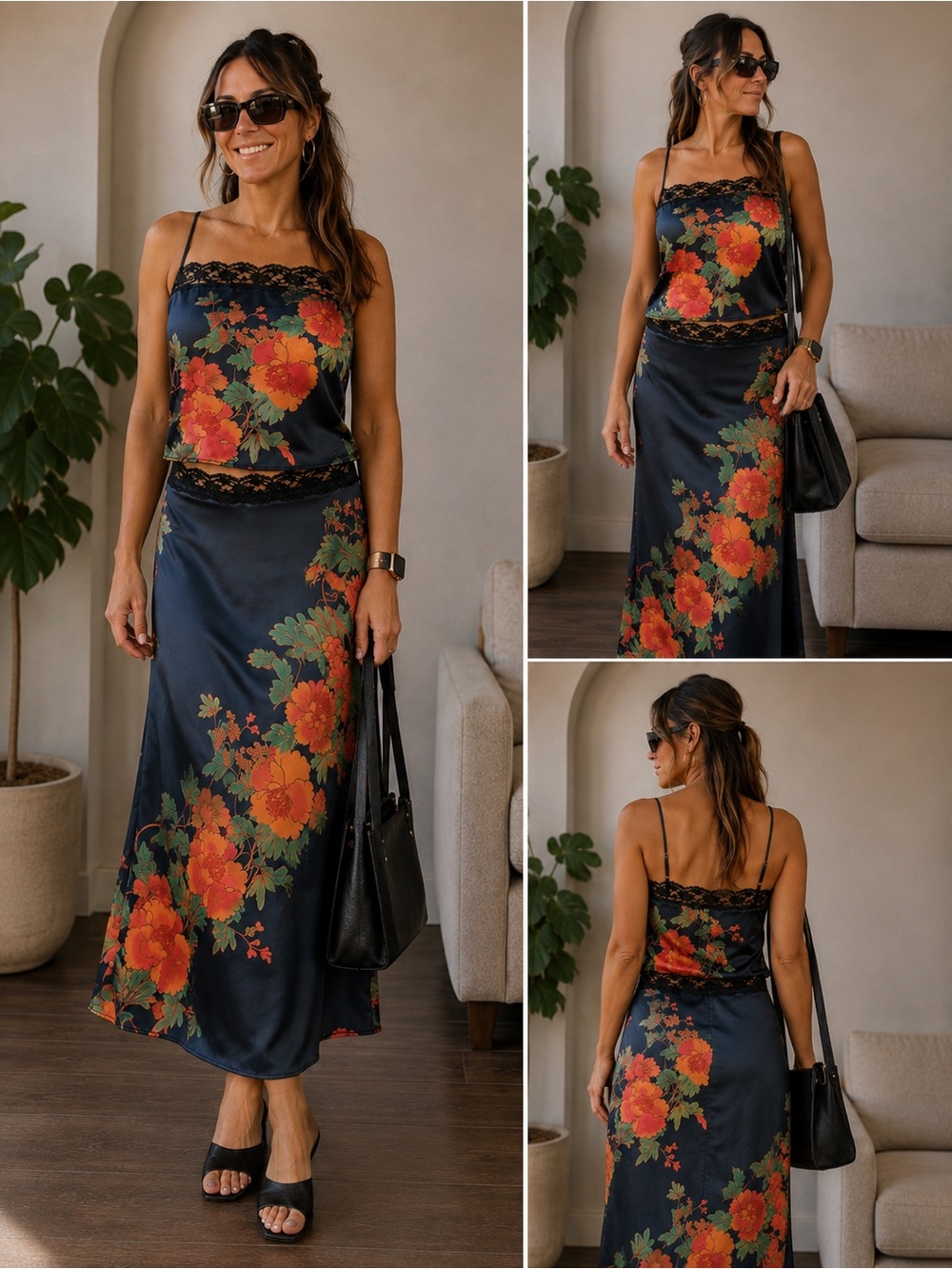 Free People Black Lace & Navy Blue Two Piece Set with Orange Floral Print